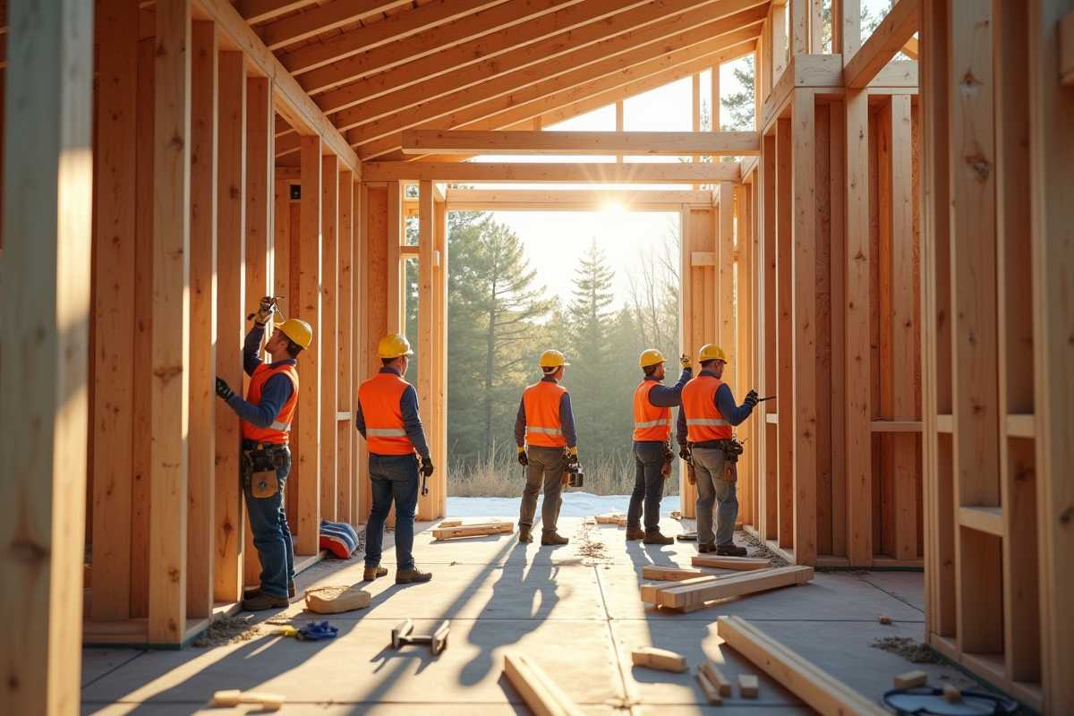 Groupe de travailleurs en sécurité installant une maison moderne