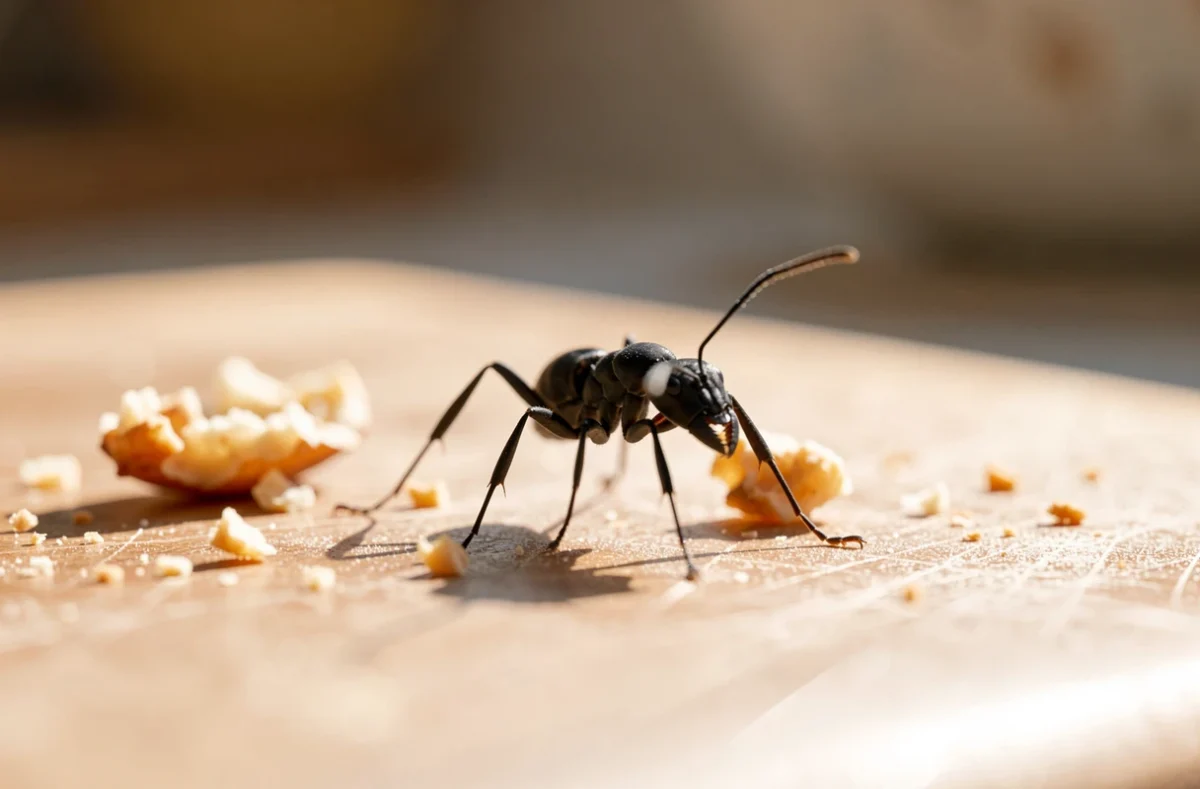 Une fourmi isolée sur un plan de travail de cuisine près de quelques miettes