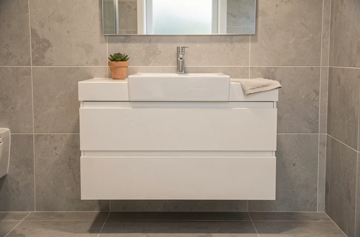 Vasque rectangulaire encastrée sur meuble salle de bain blanc de 60 cm avec robinet chromé et miroir