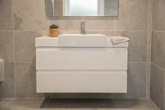 Vasque rectangulaire encastrée sur meuble salle de bain blanc de 60 cm avec robinet chromé et miroir