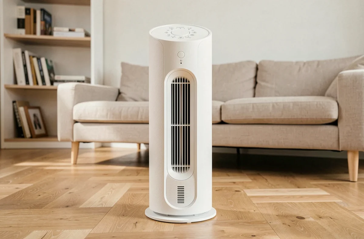 Ventilateur colonne blanc VALBERG posé sur parquet en bois dans un salon moderne et épuré