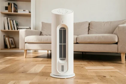 Ventilateur colonne blanc VALBERG posé sur parquet en bois dans un salon moderne et épuré