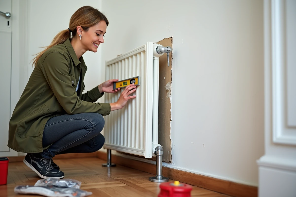 Femme vérifiant l'aplomb d'un pied en fonte de radiateur fixé sur une cloison en placo fragile avec un niveau à bulle