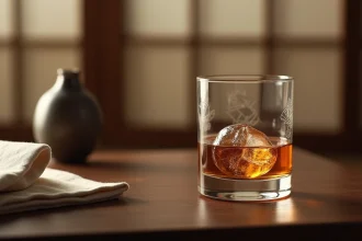 Verre à whisky japonais artisanal avec motifs géométriques gravés et glaçon sphérique, posé sur une surface en bois de noyer sombre