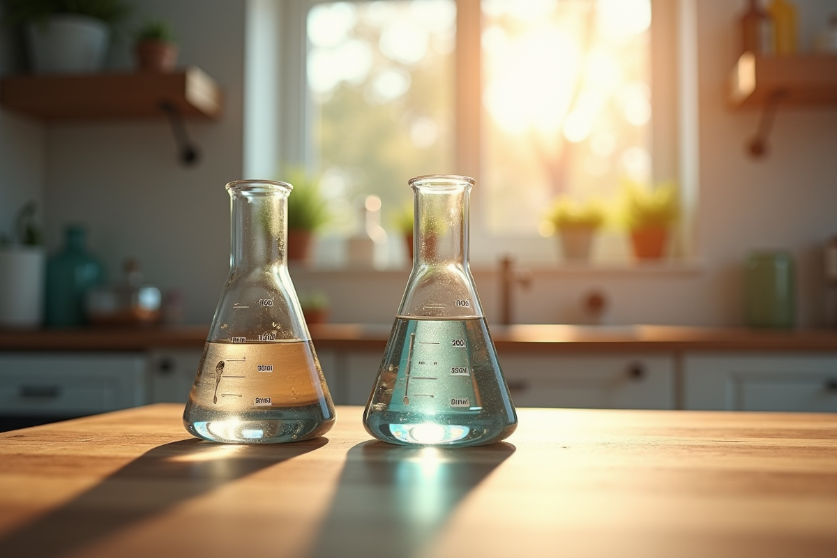 Deux béchers avec liquide précis sur une table en bois
