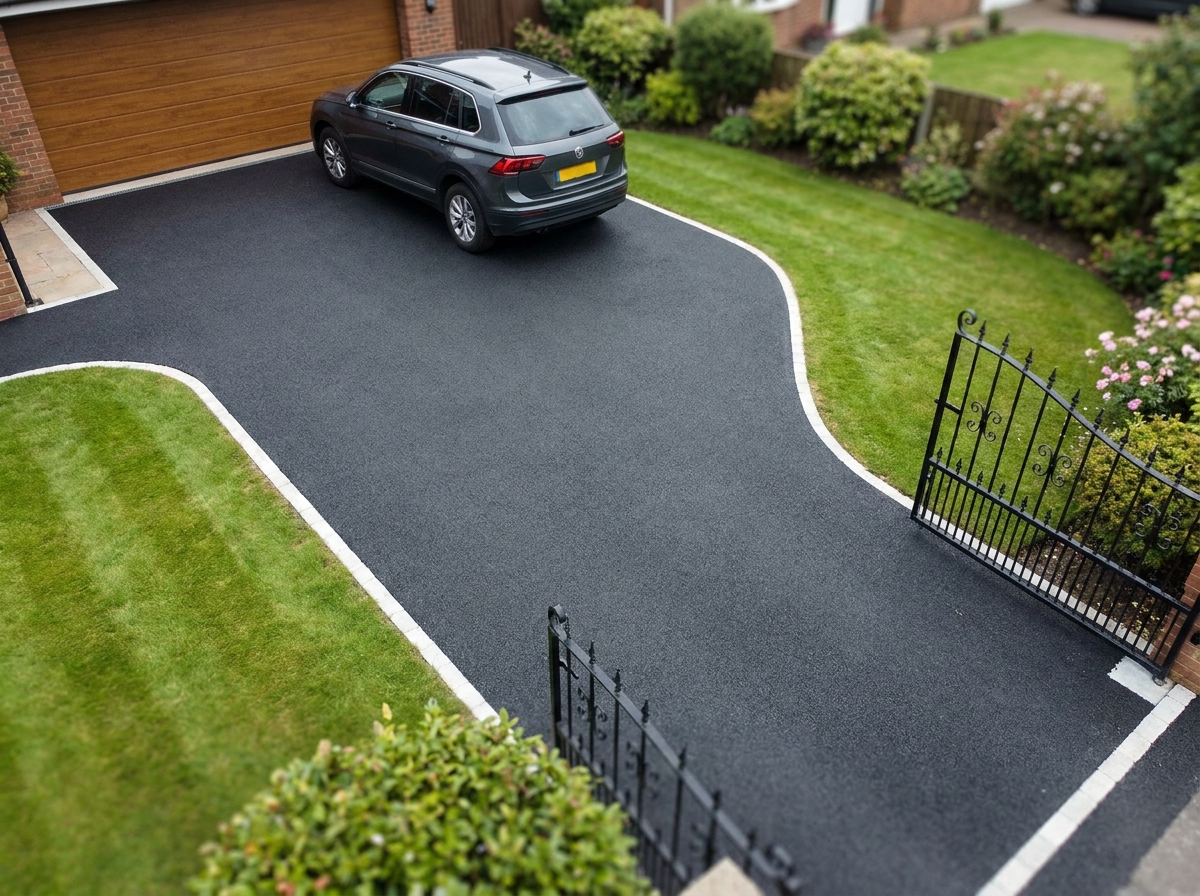 Vue aérienne d'une cour carrossable en enrobé bitumineux chaud terminée avec voiture garée sur surface lisse et durable